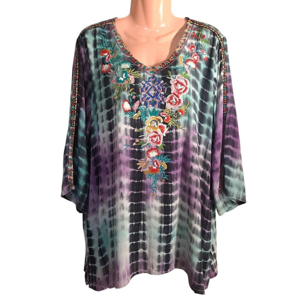 Calessa Tunic Women's Blouse Purple Tie Dye Embroidered Floral Art to Wear XL